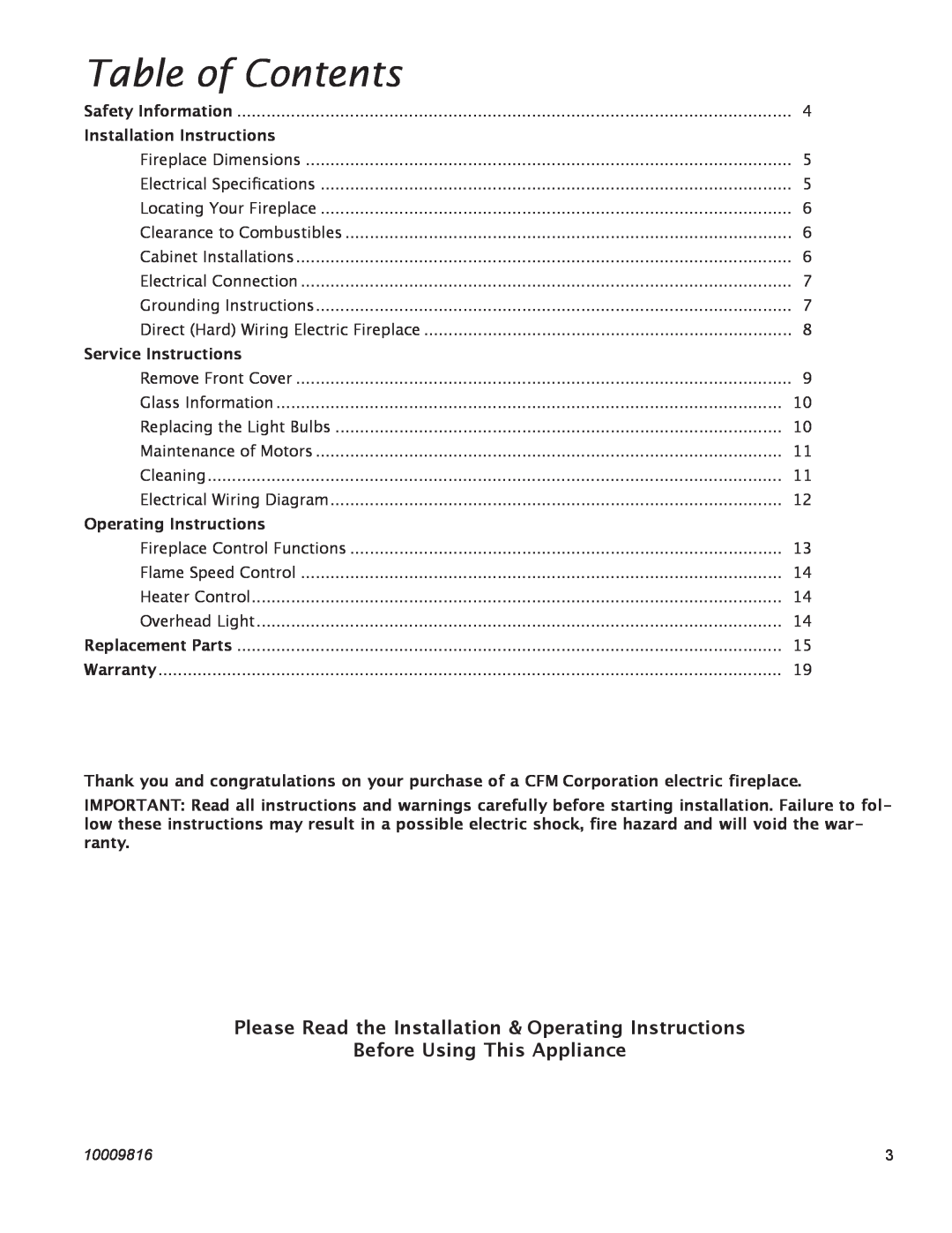 Vermont Casting EF22, EF26FG operating instructions Table of Contents, Before Using This Appliance, 10009816 