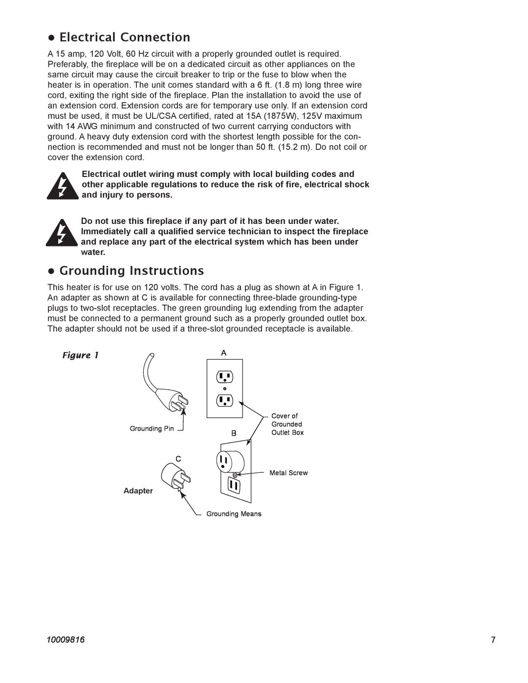 Vermont Casting EF22, EF26FG operating instructions Electrical Connection, Grounding Instructions, 10009816 