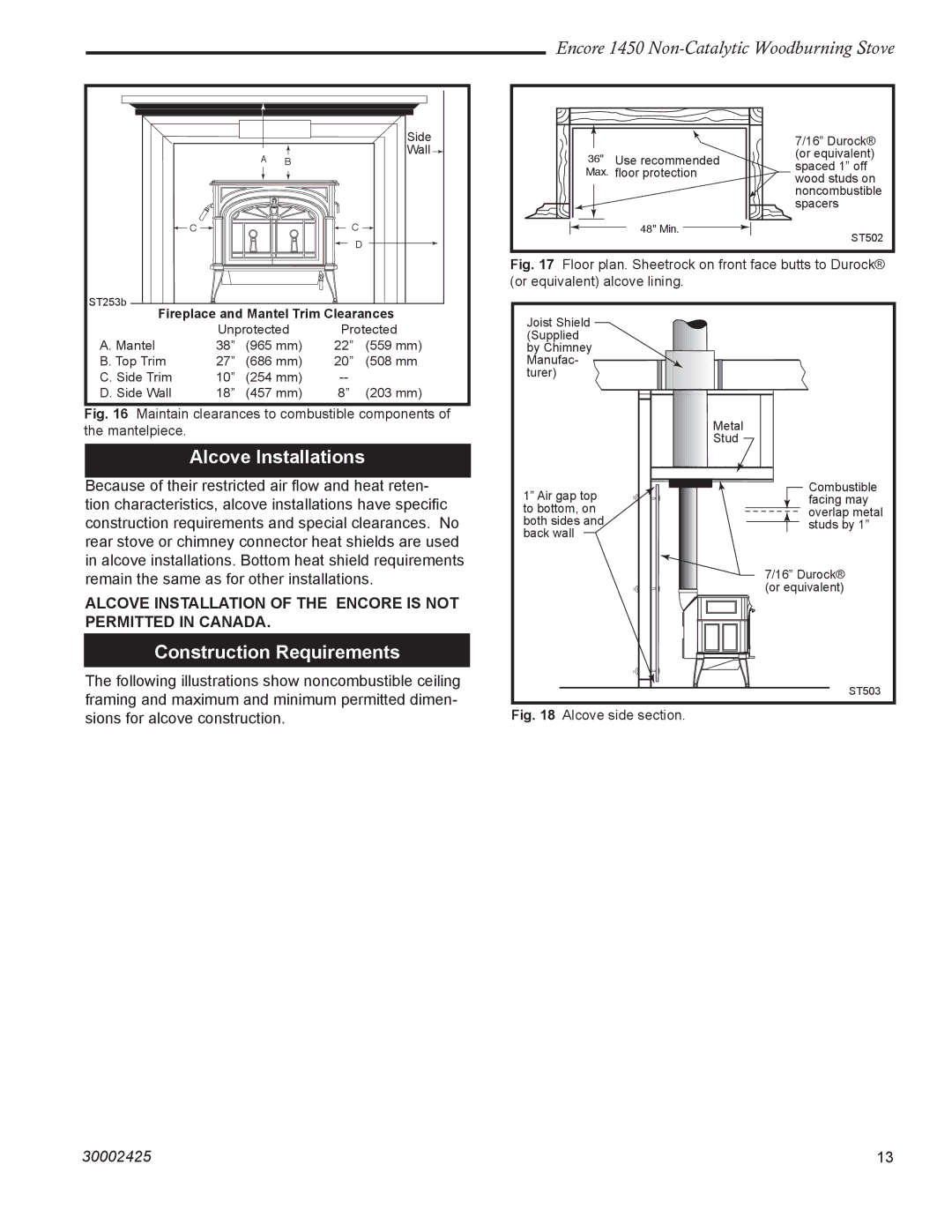 Vermont Casting Encore NC 1450 installation instructions Alcove Installations, Construction Requirements 