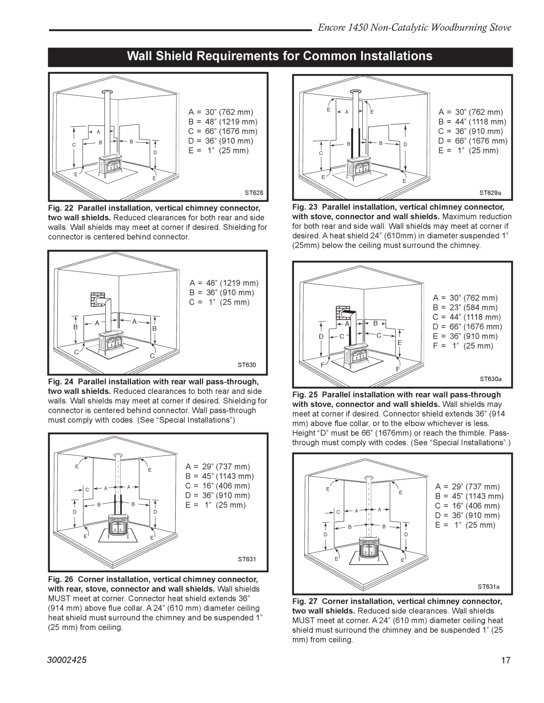 Vermont Casting Encore NC 1450 installation instructions Wall Shield Requirements for Common Installations 