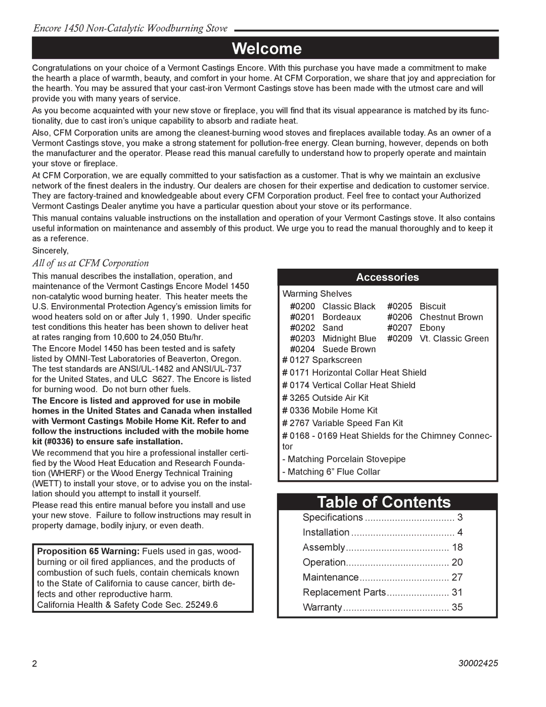 Vermont Casting Encore NC 1450 installation instructions Welcome, Table of Contents 