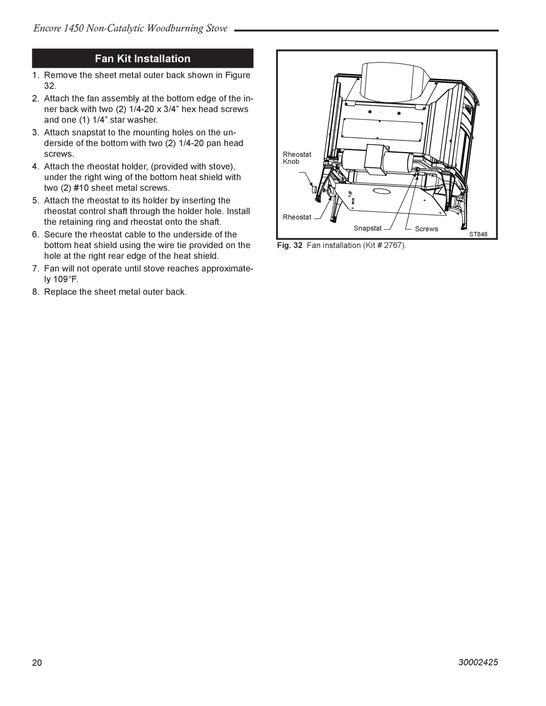 Vermont Casting Encore NC 1450 installation instructions Fan Kit Installation, Fan installation Kit # 