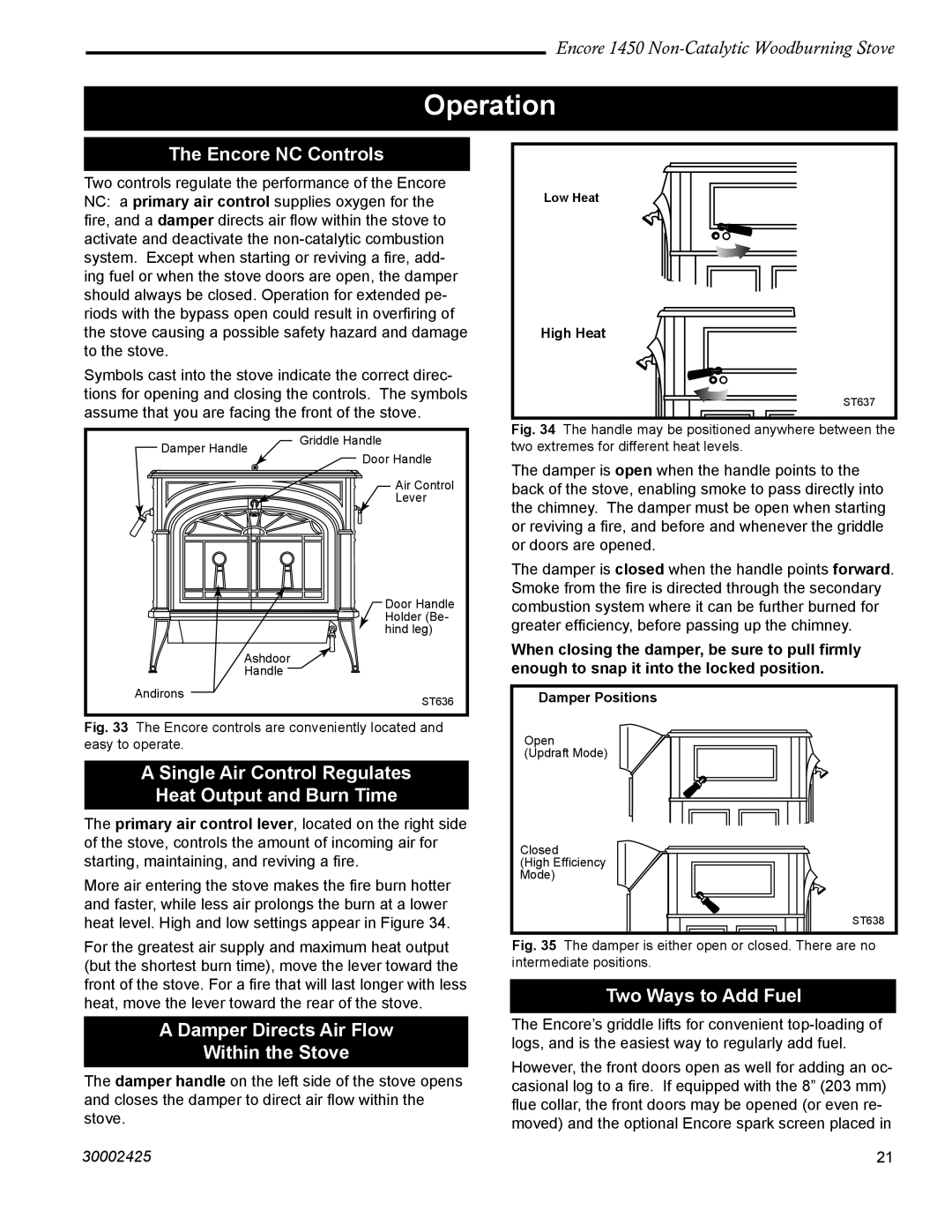 Vermont Casting Encore NC 1450 Operation, Encore NC Controls, Single Air Control Regulates Heat Output and Burn Time 