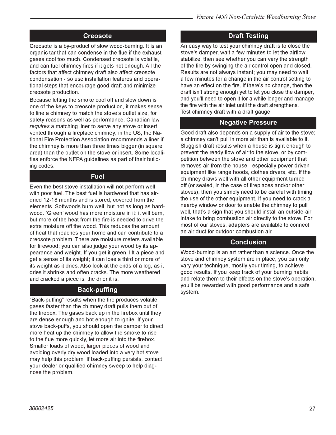 Vermont Casting Encore NC 1450 Creosote, Fuel, Back-pufﬁng, Draft Testing, Negative Pressure, Conclusion 