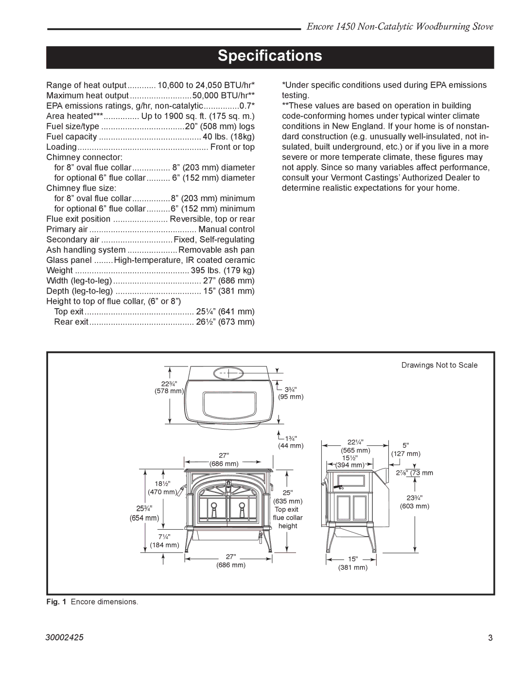 Vermont Casting Encore NC 1450 installation instructions Speciﬁcations, Encore dimensions 