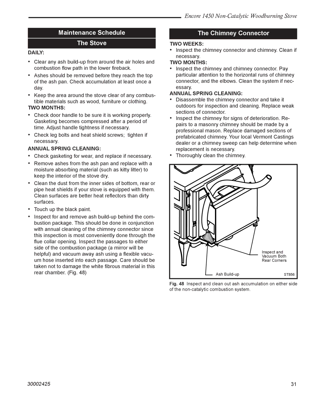 Vermont Casting Encore NC 1450 installation instructions Maintenance Schedule Stove, Chimney Connector 