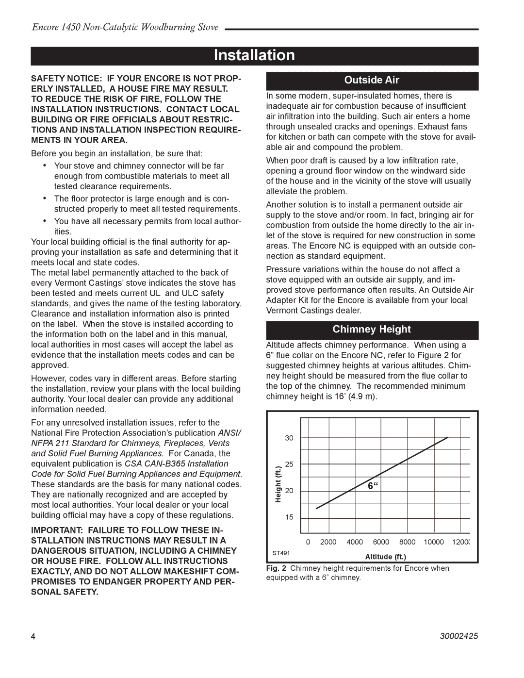 Vermont Casting Encore NC 1450 installation instructions Installation, Outside Air, Chimney Height 