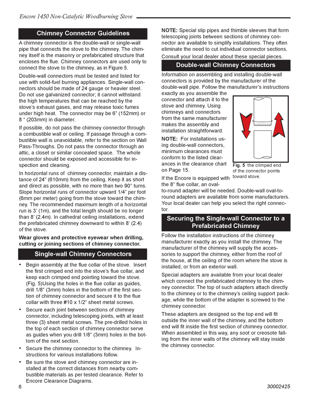 Vermont Casting Encore NC 1450 installation instructions Chimney Connector Guidelines, Single-wall Chimney Connectors 