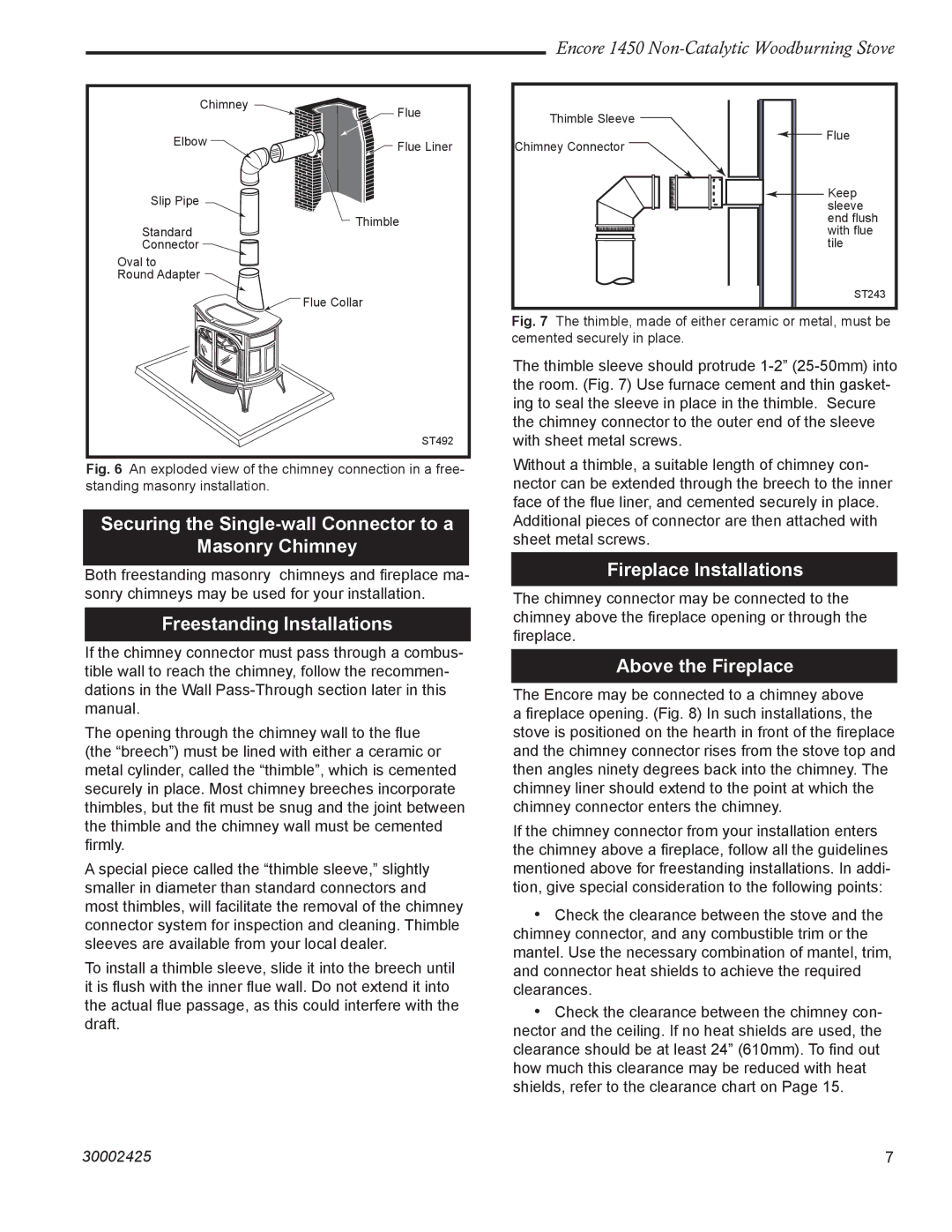 Vermont Casting Encore NC 1450 Securing the Single-wall Connector to a Masonry Chimney, Freestanding Installations 