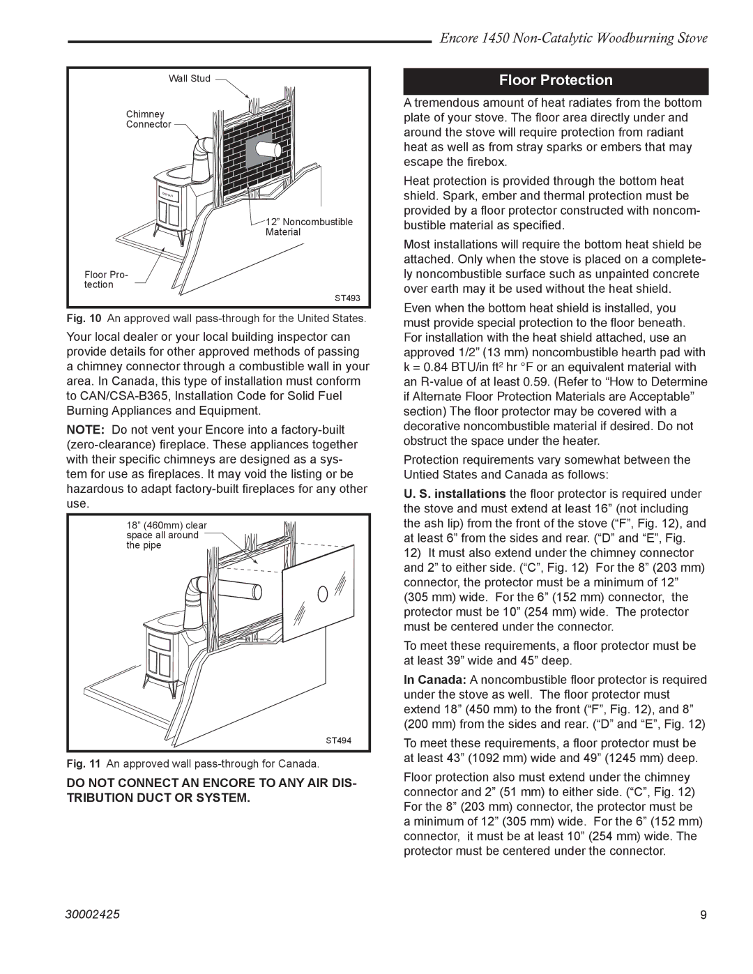 Vermont Casting Encore NC 1450 Floor Protection, An approved wall pass-through for the United States 