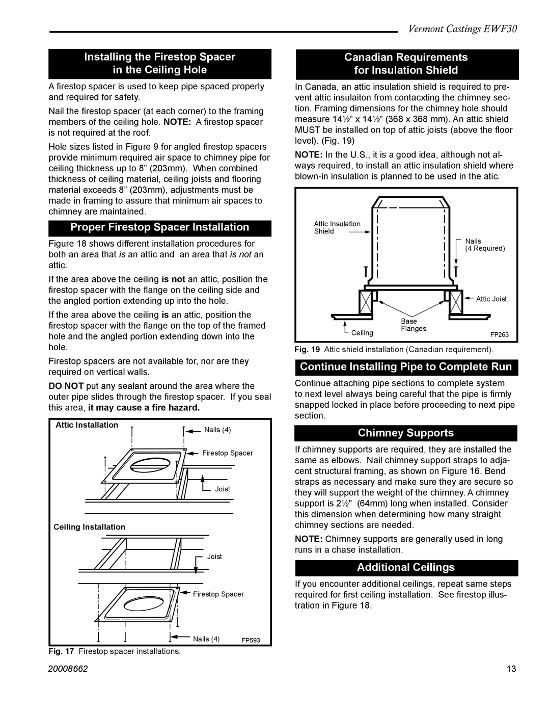 Vermont Casting EWF30 Installing the Firestop Spacer Ceiling Hole, Proper Firestop Spacer Installation 