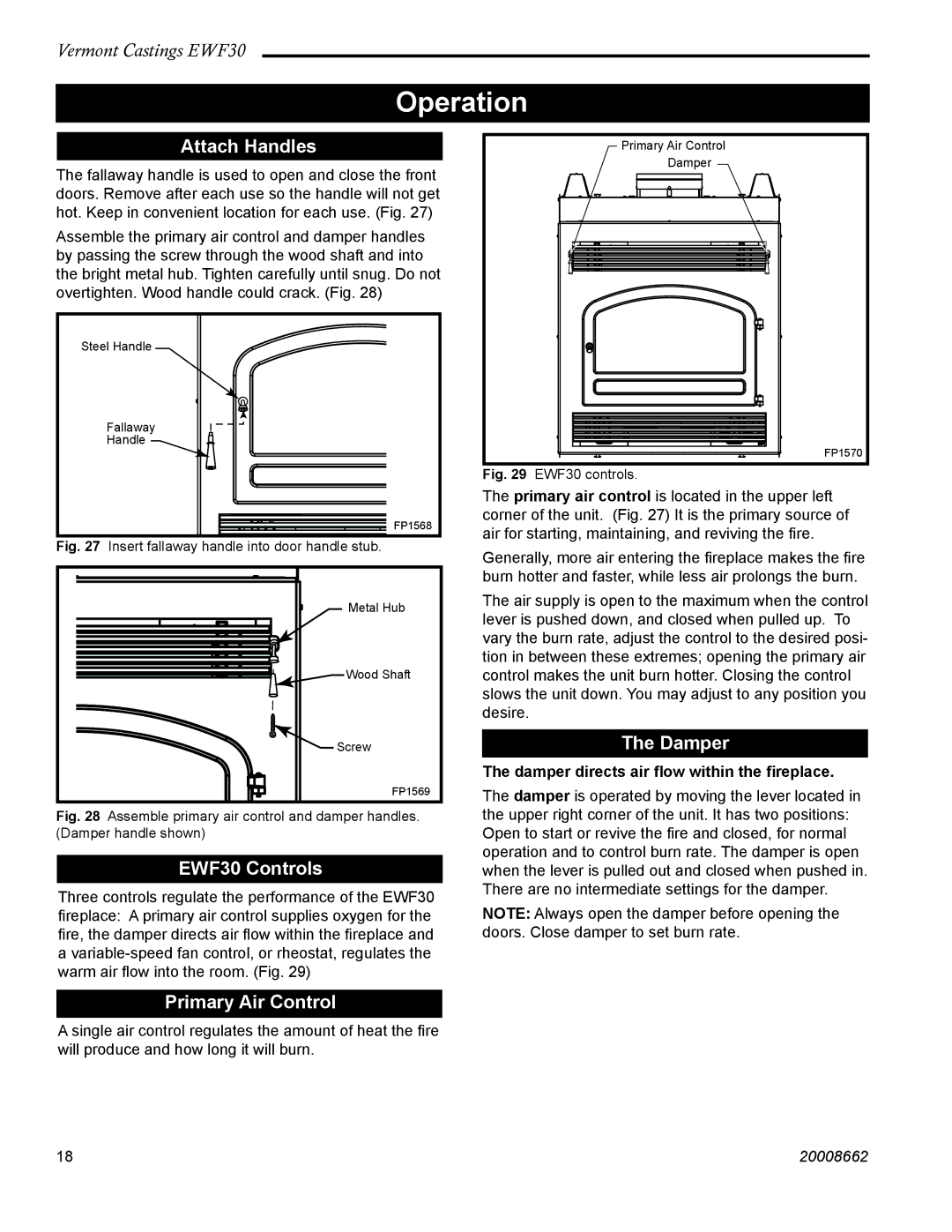 Vermont Casting installation instructions Operation, Attach Handles, Damper, EWF30 Controls, Primary Air Control 