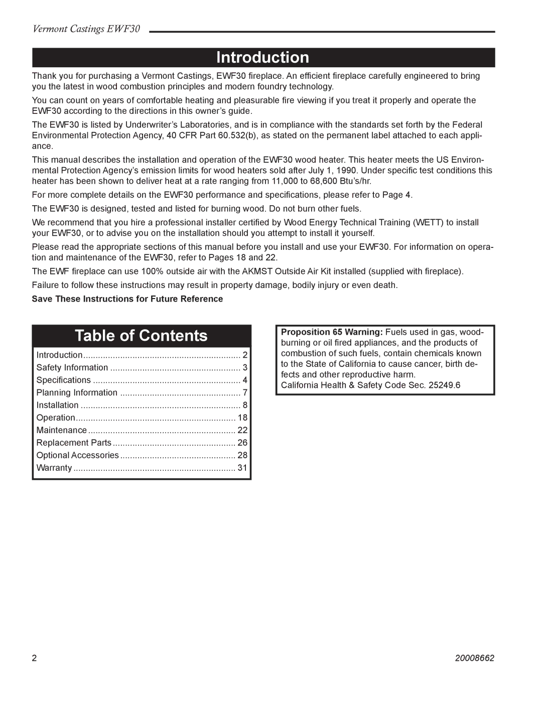 Vermont Casting EWF30 installation instructions Introduction, Table of Contents 