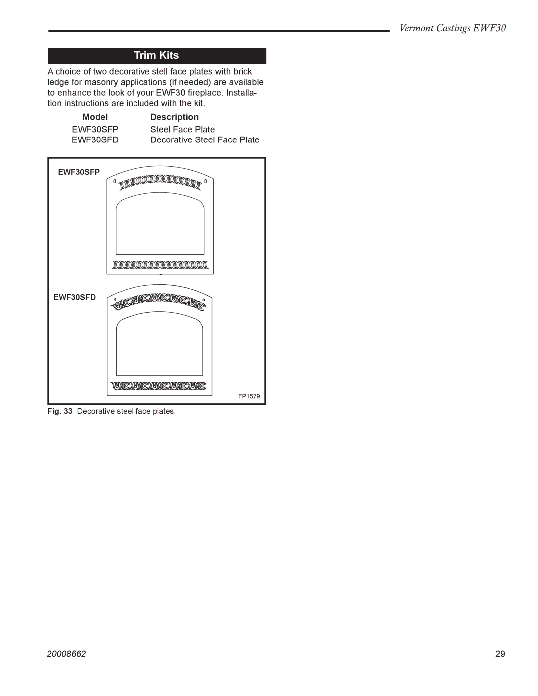 Vermont Casting EWF30 installation instructions Trim Kits, Model Description 