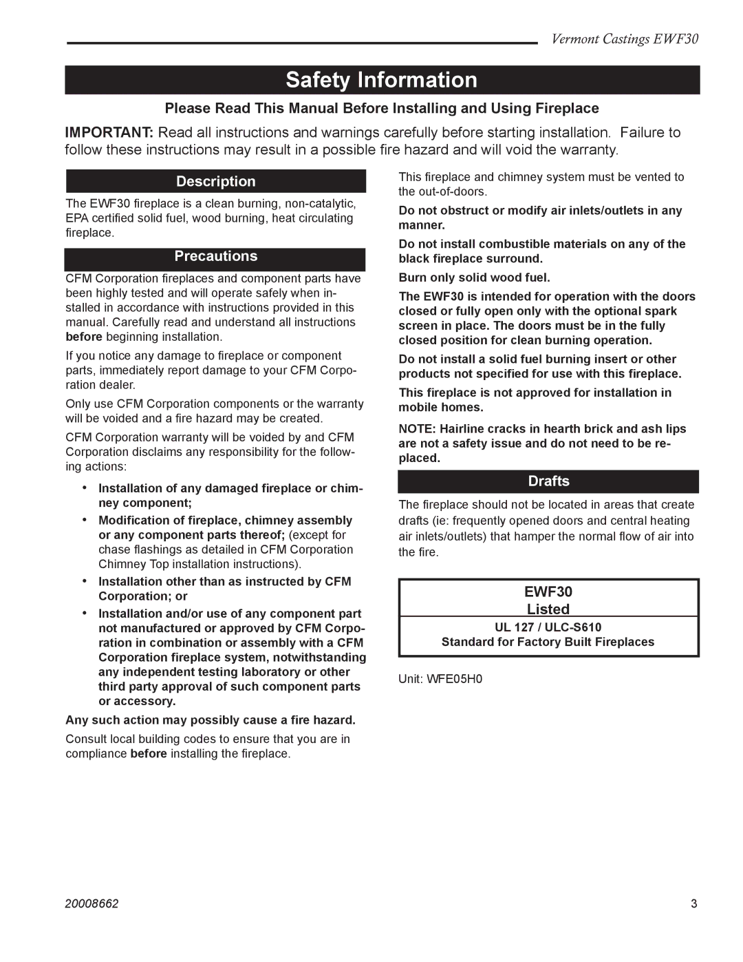 Vermont Casting EWF30 installation instructions Safety Information, Description, Precautions, Drafts 