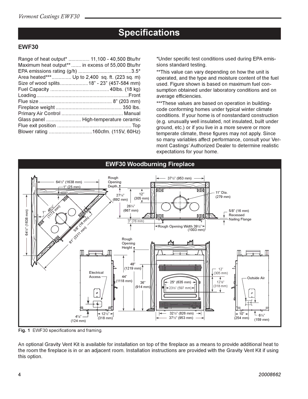 Vermont Casting installation instructions Speciﬁcations, EWF30 Woodburning Fireplace 