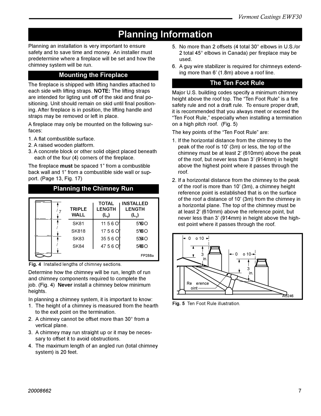 Vermont Casting EWF30 Planning Information, Mounting the Fireplace, Planning the Chimney Run, Ten Foot Rule 