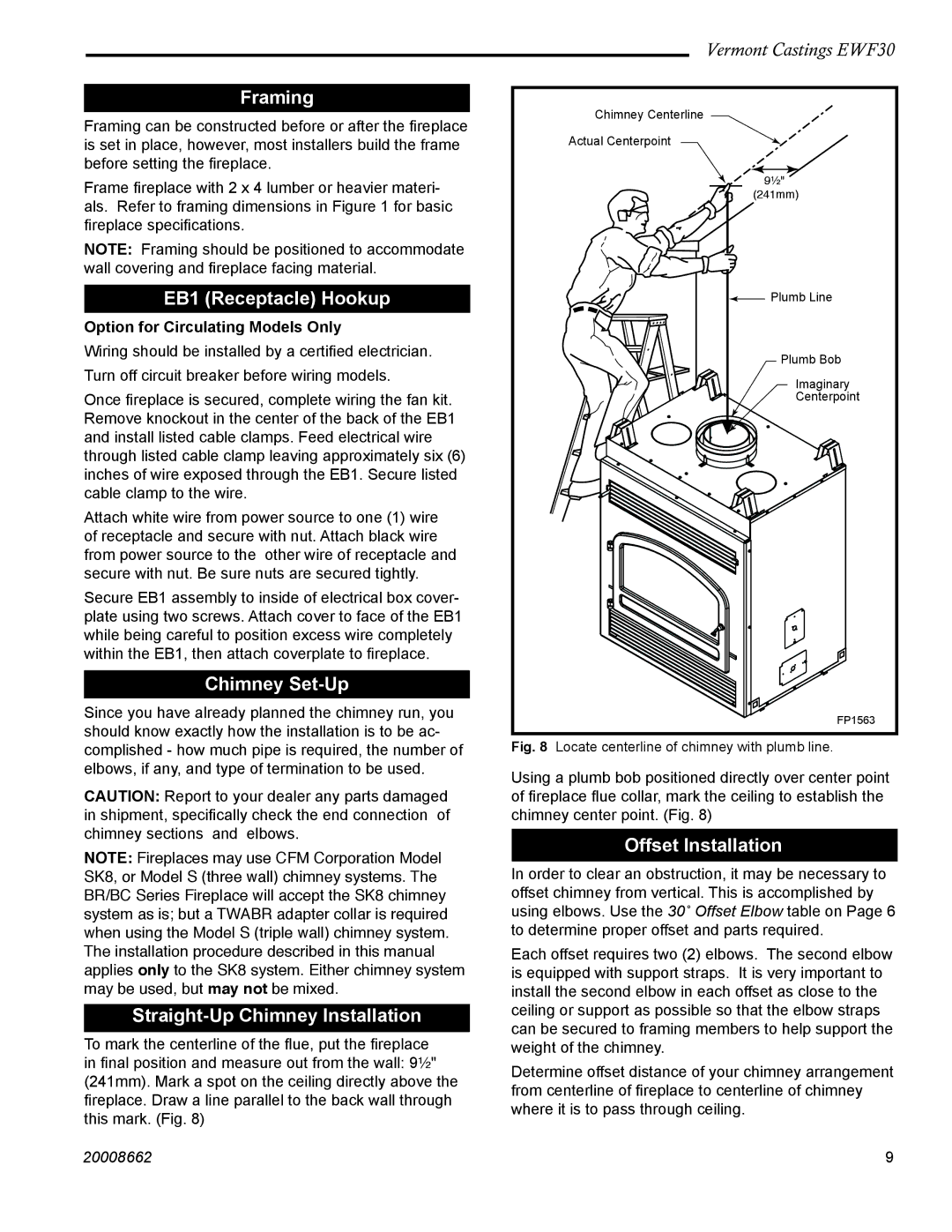 Vermont Casting EWF30 Framing, EB1 Receptacle Hookup, Chimney Set-Up, Straight-Up Chimney Installation 