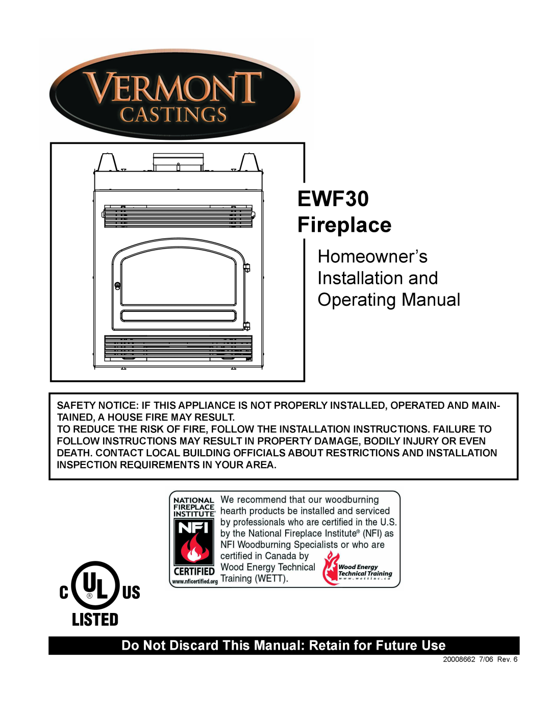 Vermont Casting installation instructions EWF30 Fireplace, CFM Specialty Home Products 