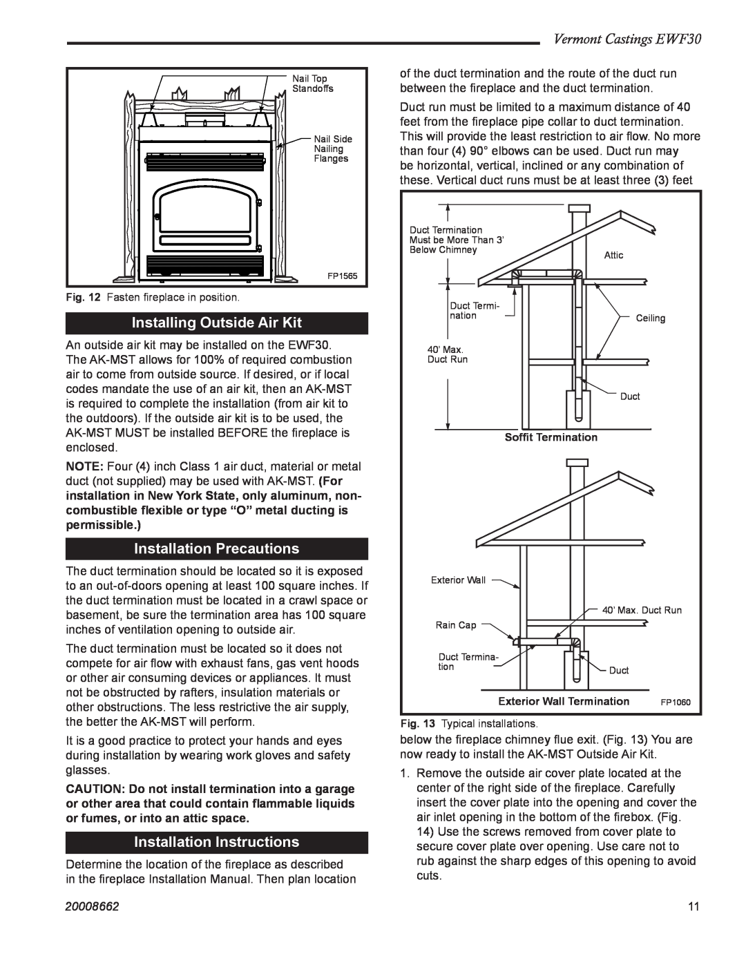 Vermont Casting EWF30 Installing Outside Air Kit, Installation Precautions, Installation Instructions, 20008662 