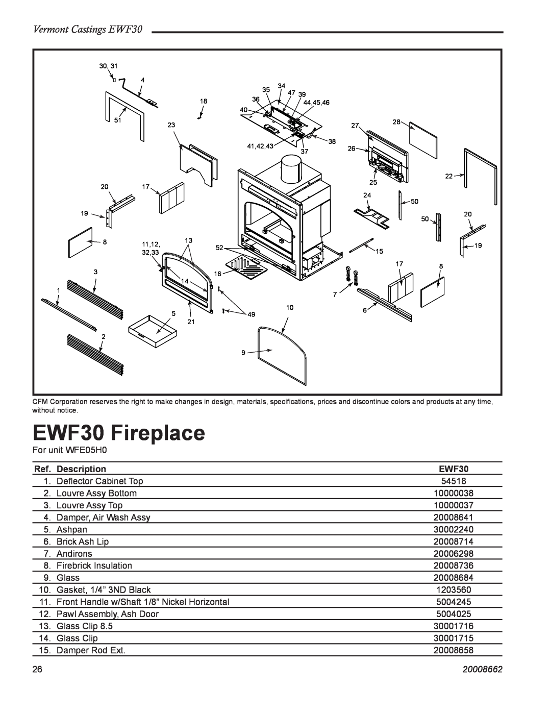 Vermont Casting installation instructions EWF30 Fireplace, Vermont Castings EWF30, Description, 20008662 