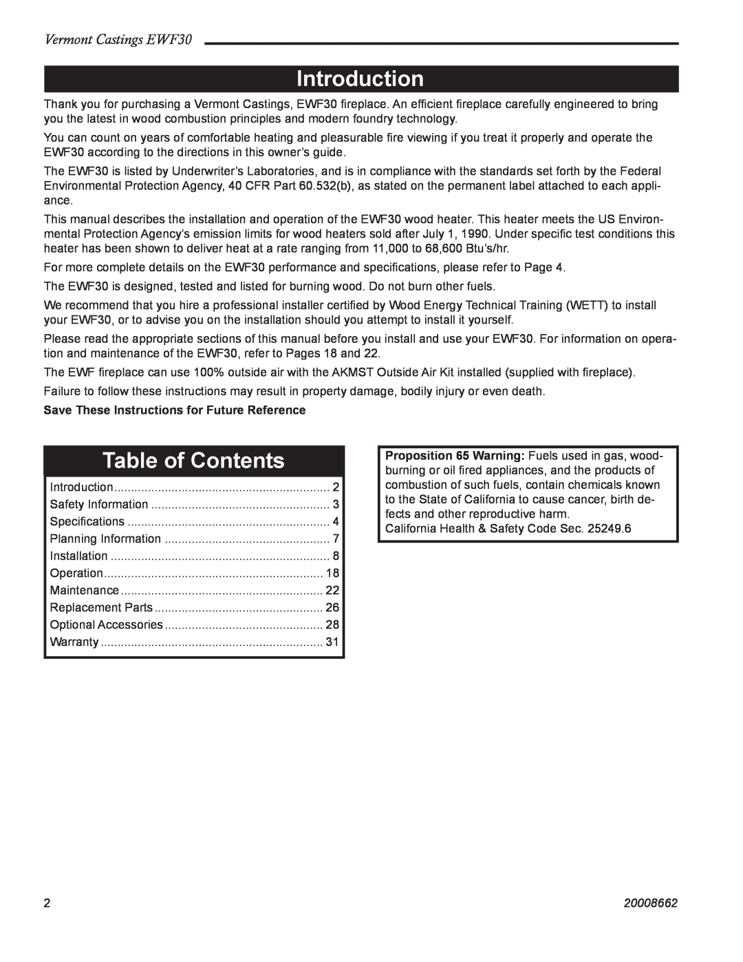 Vermont Casting Introduction, Table of Contents, Vermont Castings EWF30, Save These Instructions for Future Reference 
