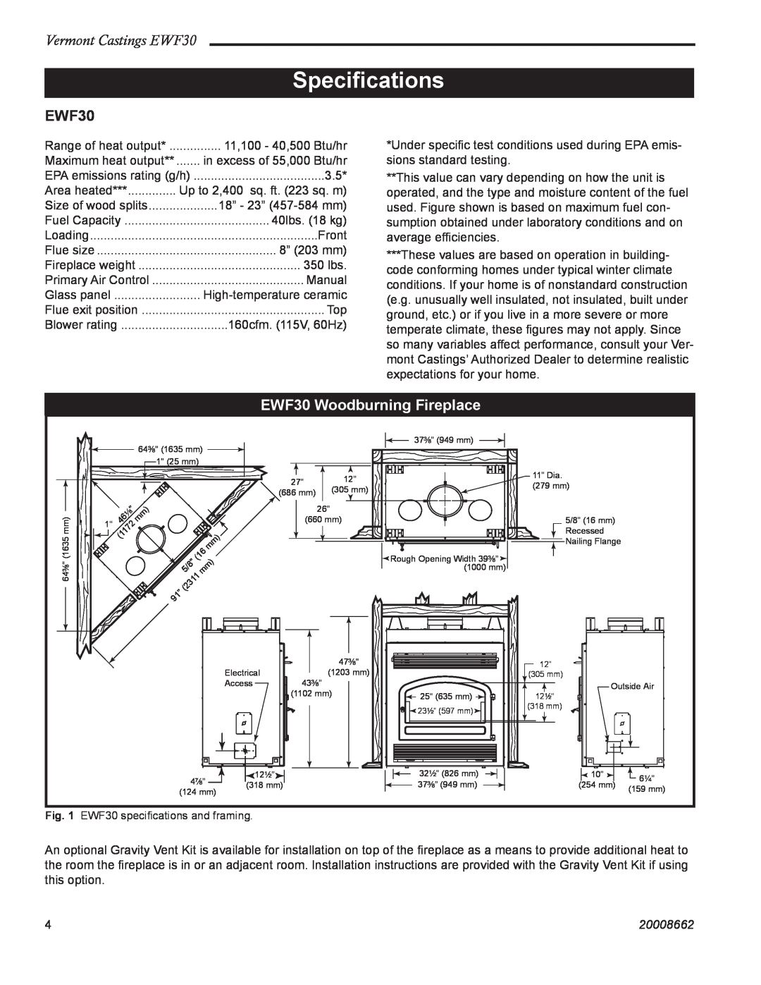 Vermont Casting installation instructions Speciﬁcations, EWF30 Woodburning Fireplace, Vermont Castings EWF30, 20008662 