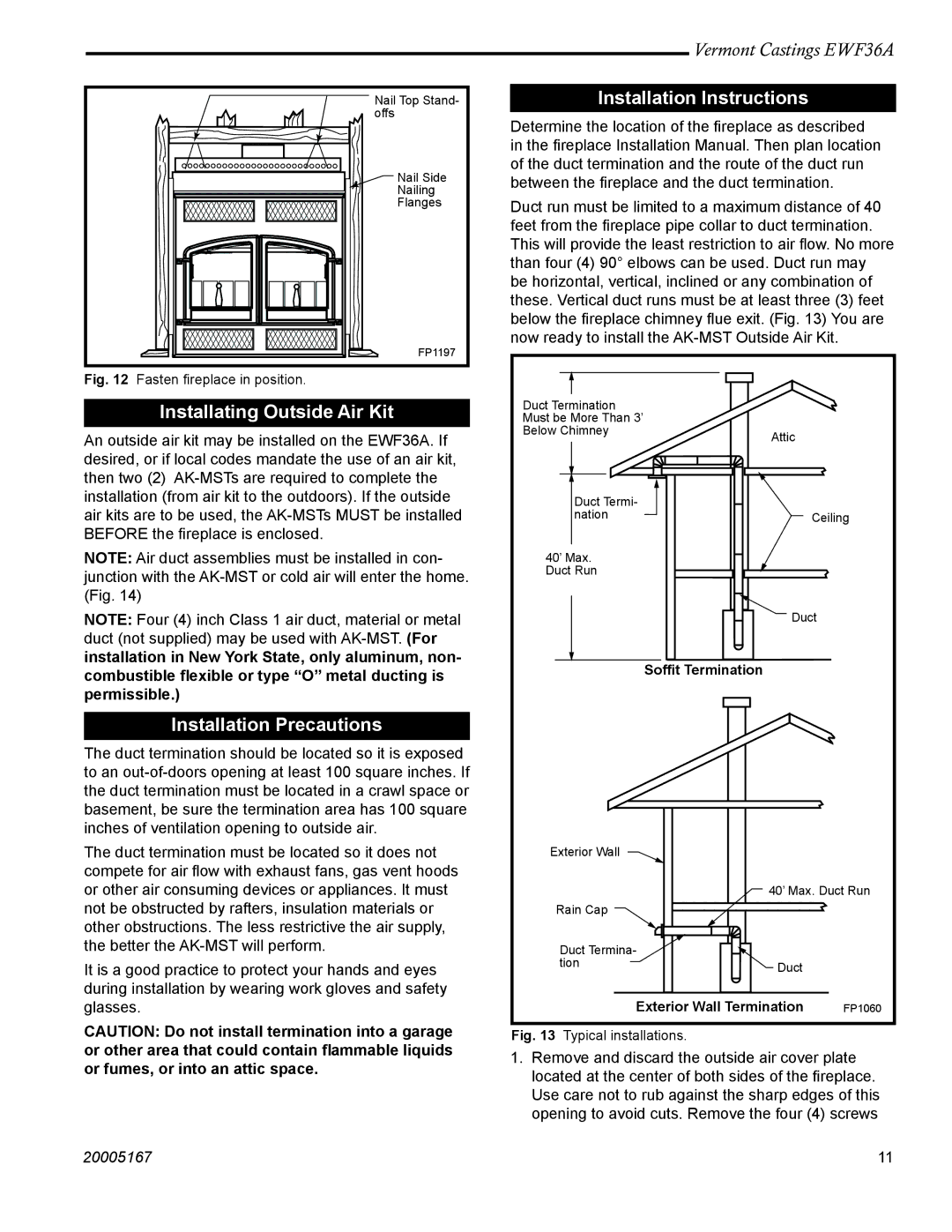 Vermont Casting EWF36 Installation Instructions, Installating Outside Air Kit, Installation Precautions 