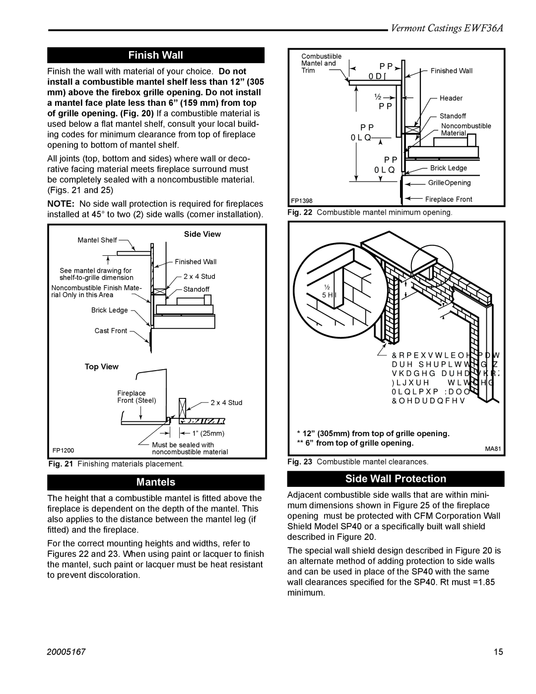 Vermont Casting EWF36 installation instructions Finish Wall, Mantels, Side Wall Protection 