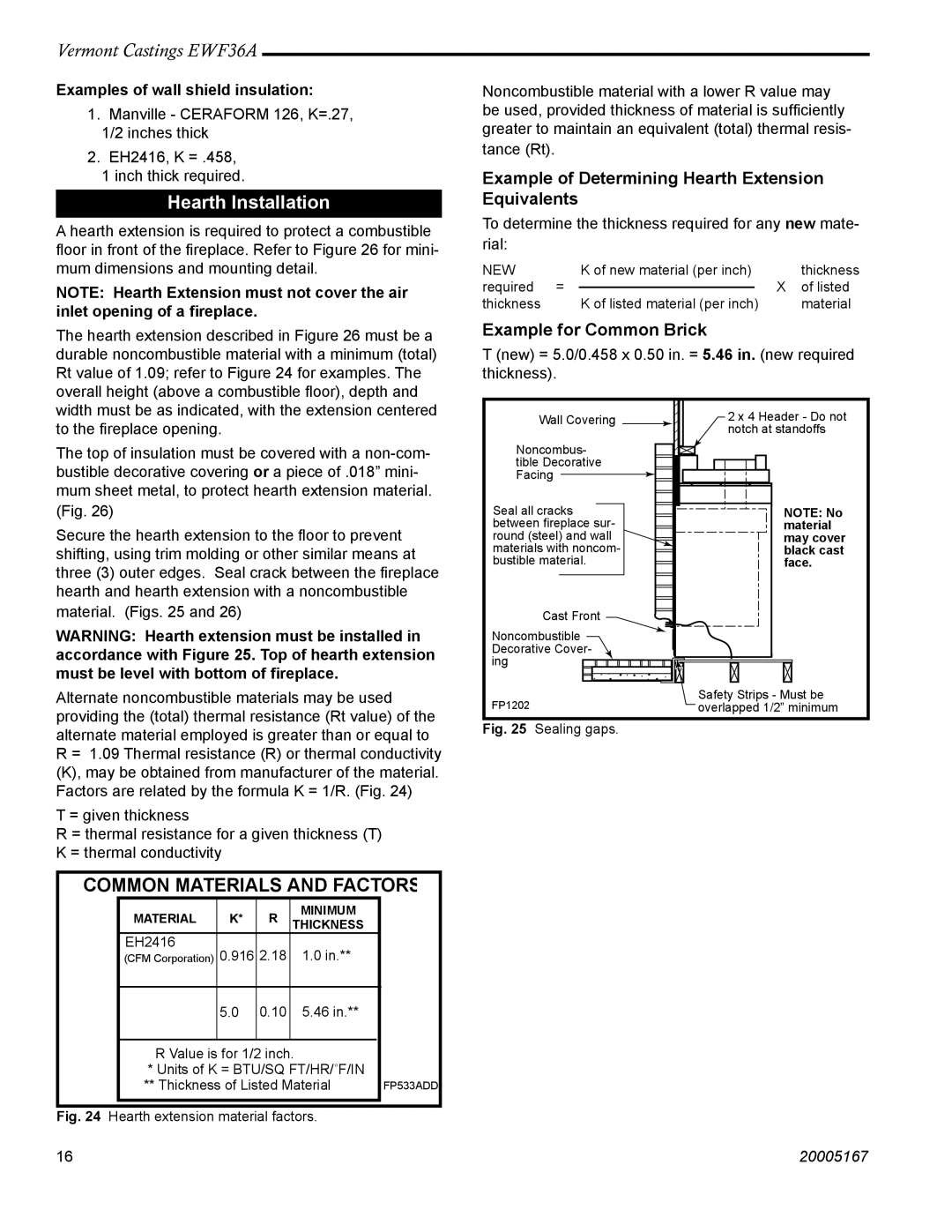 Vermont Casting EWF36 installation instructions Hearth Installation, Examples of wall shield insulation 