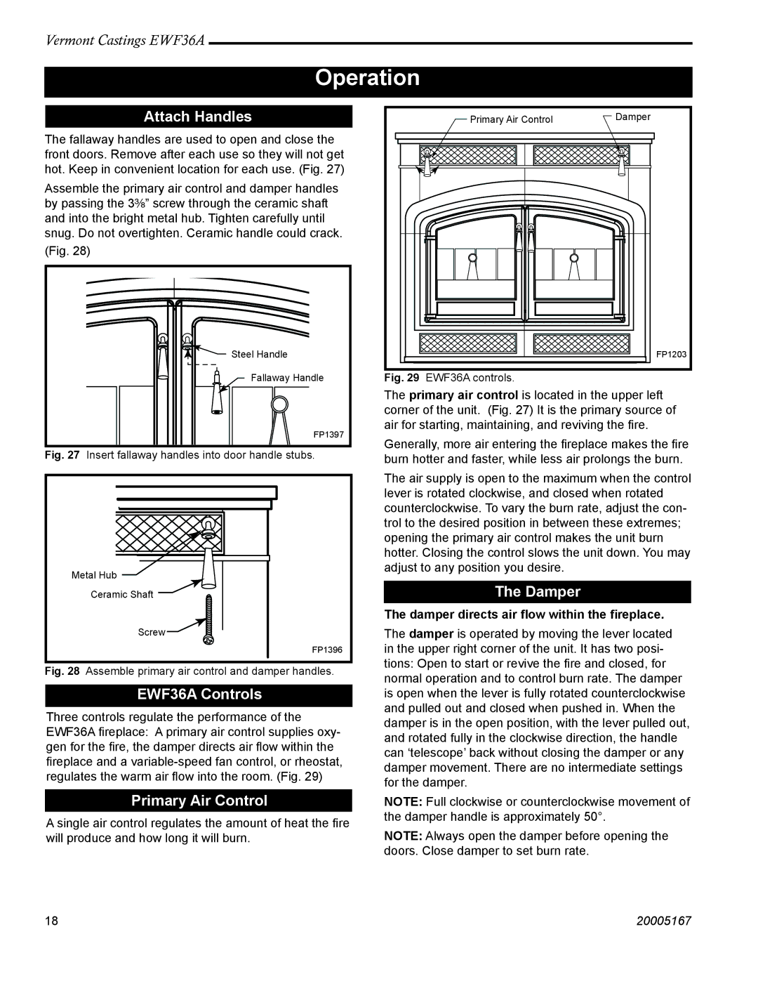 Vermont Casting installation instructions Operation, Attach Handles, EWF36A Controls, Primary Air Control, Damper 