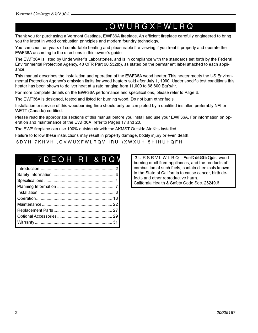 Vermont Casting EWF36 installation instructions Introduction, Table of Contents 