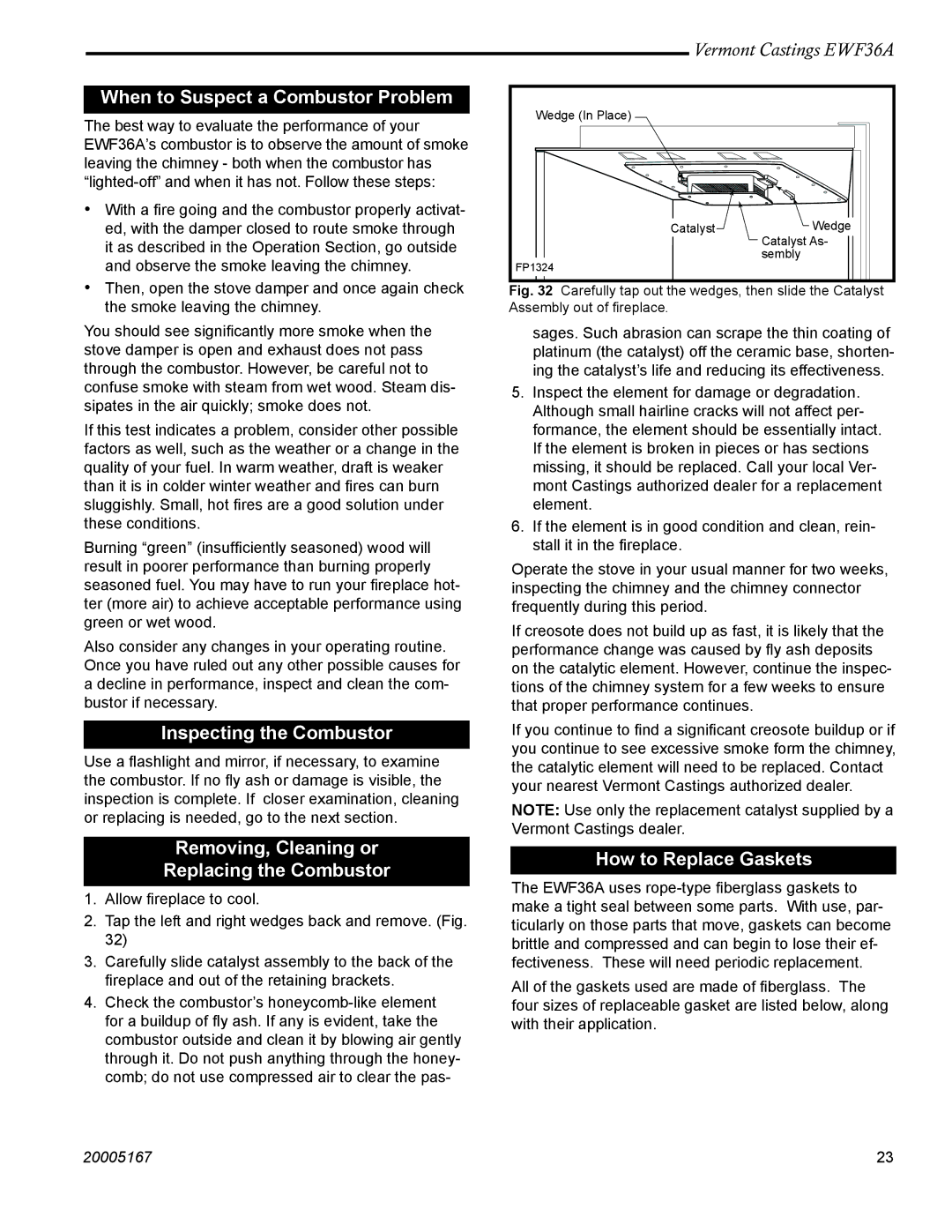 Vermont Casting EWF36 When to Suspect a Combustor Problem, Inspecting the Combustor, How to Replace Gaskets 