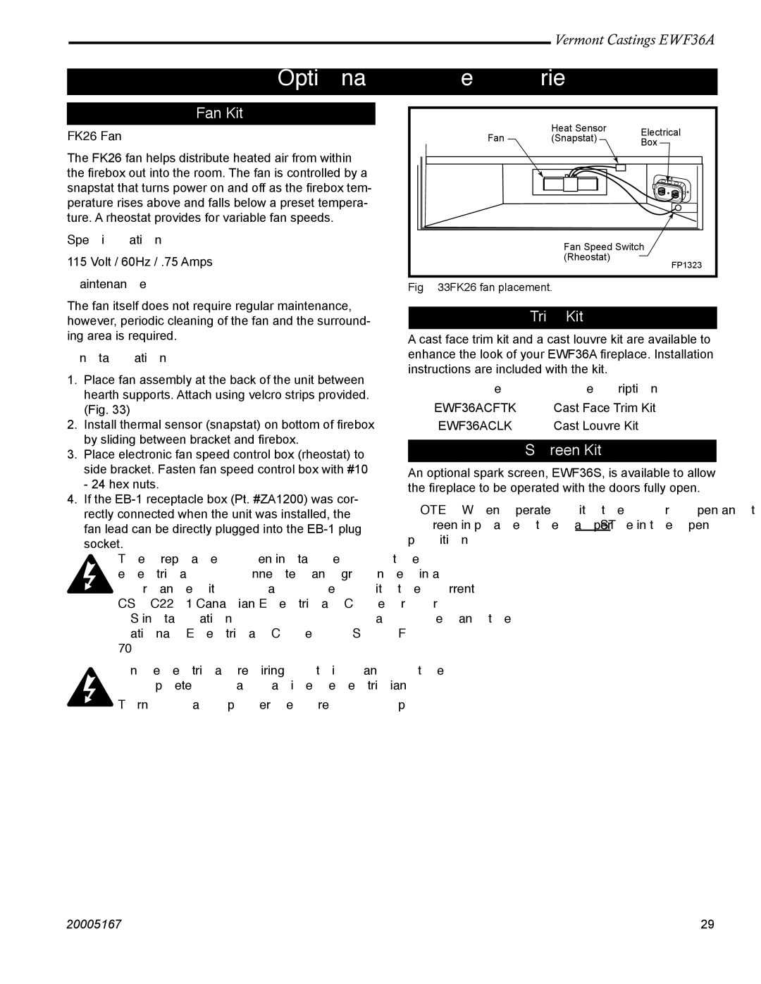 Vermont Casting EWF36 installation instructions Optional Accessories, Fan Kit, Trim Kits, Screen Kit 