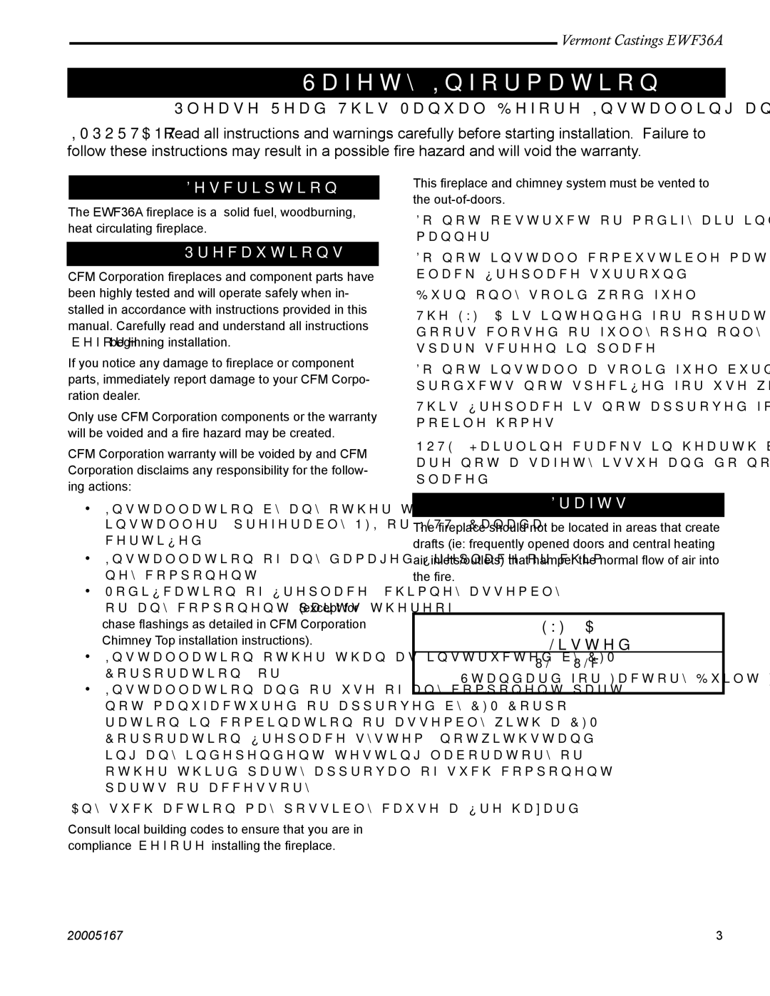 Vermont Casting EWF36 installation instructions Safety Information, Description, Precautions, Drafts 