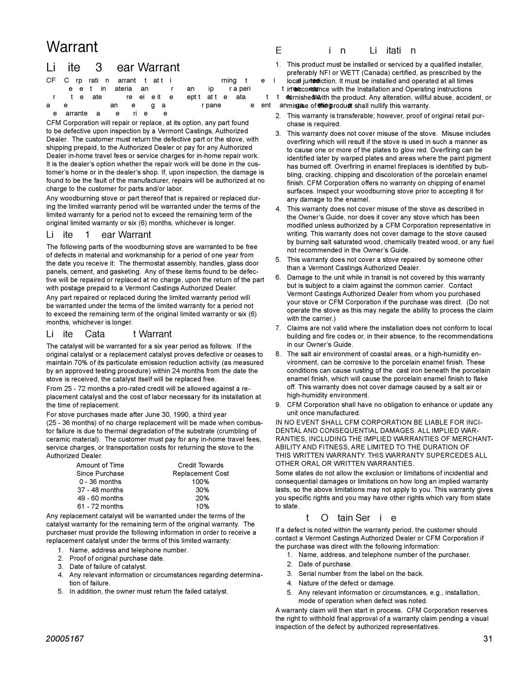 Vermont Casting EWF36 installation instructions Warranty 