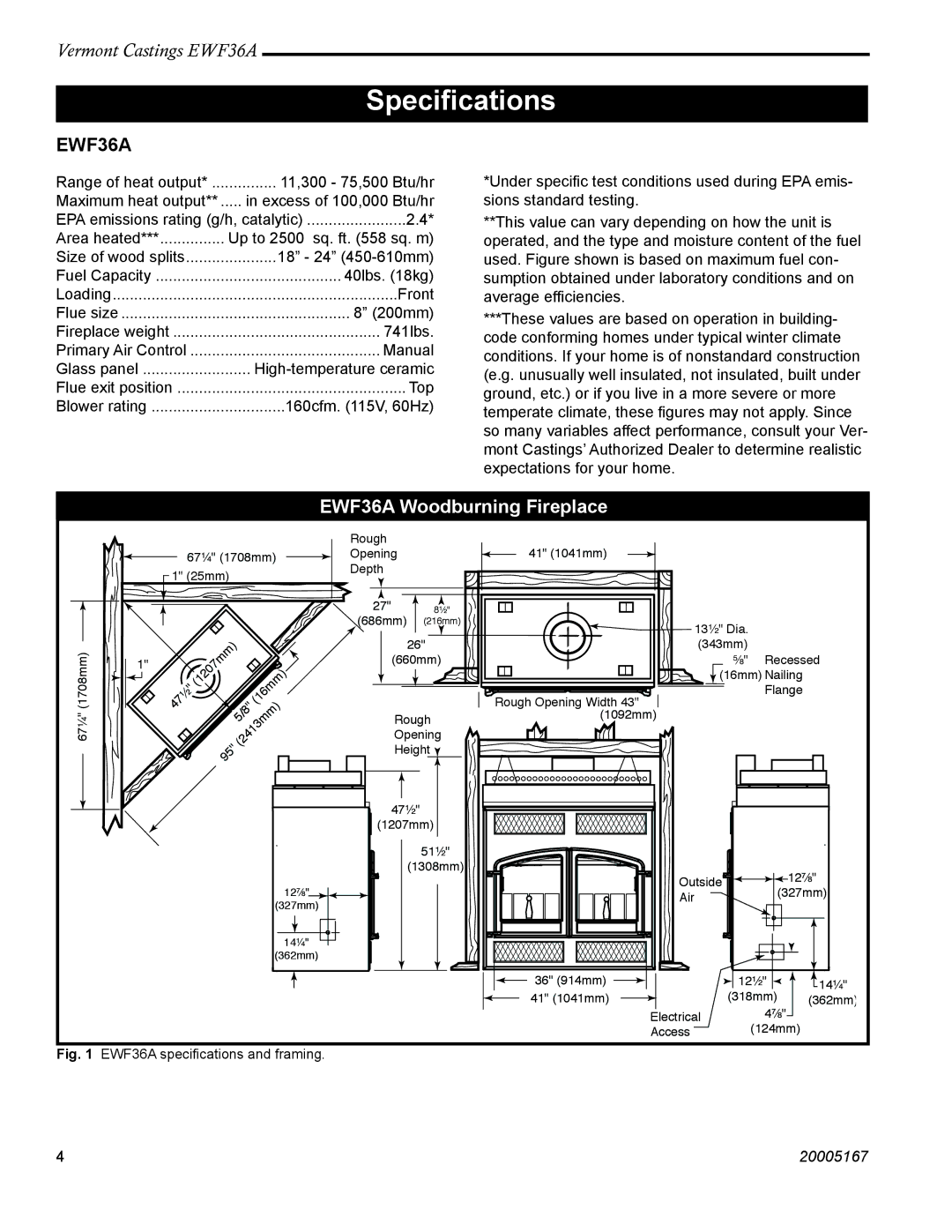 Vermont Casting installation instructions Speciﬁcations, EWF36A Woodburning Fireplace 