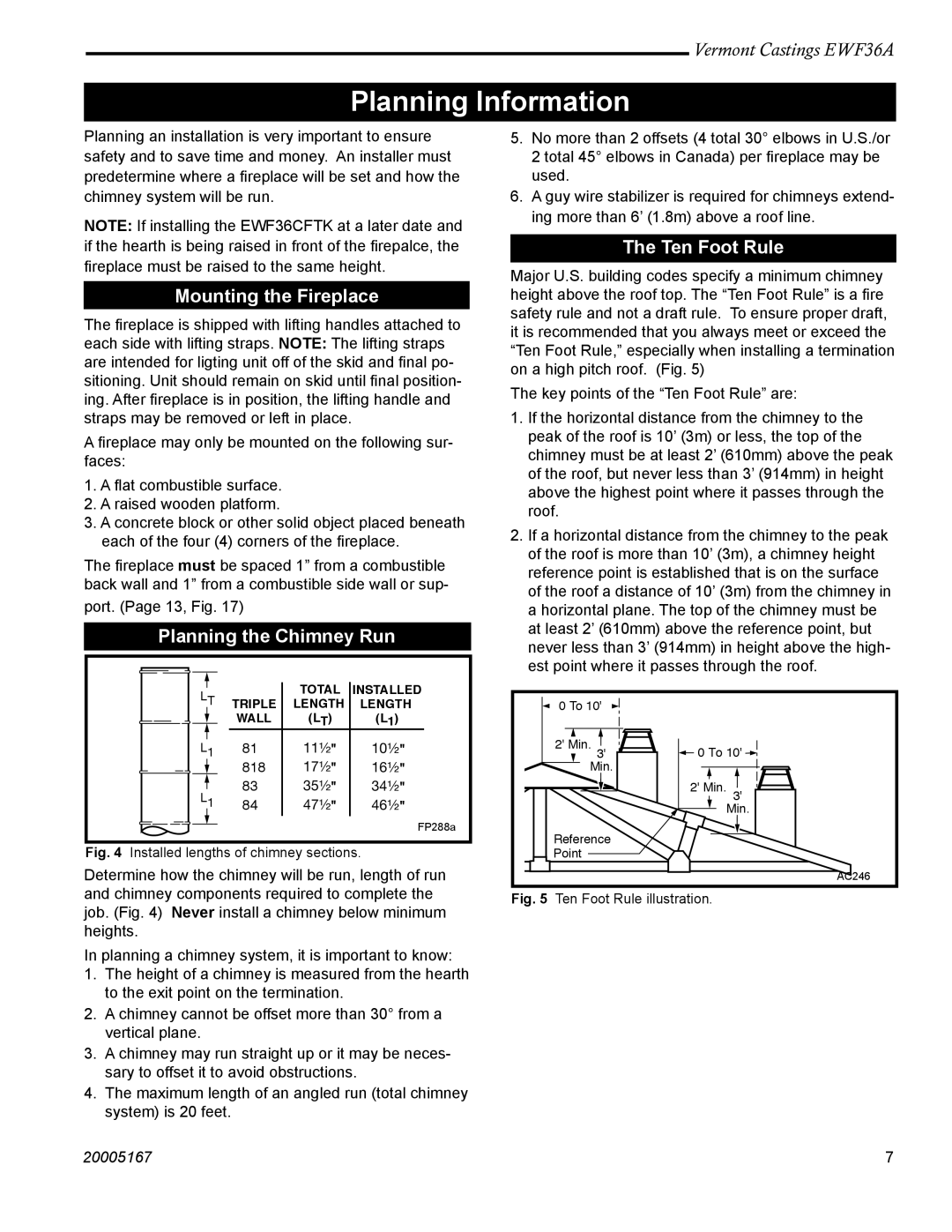 Vermont Casting EWF36 Planning Information, Mounting the Fireplace, Planning the Chimney Run, Ten Foot Rule 