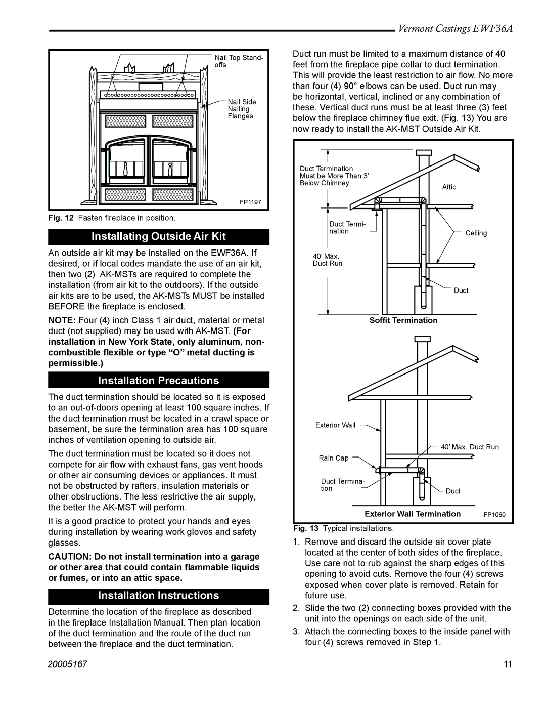 Vermont Casting EWF36A Installating Outside Air Kit, Installation Precautions, Installation Instructions 