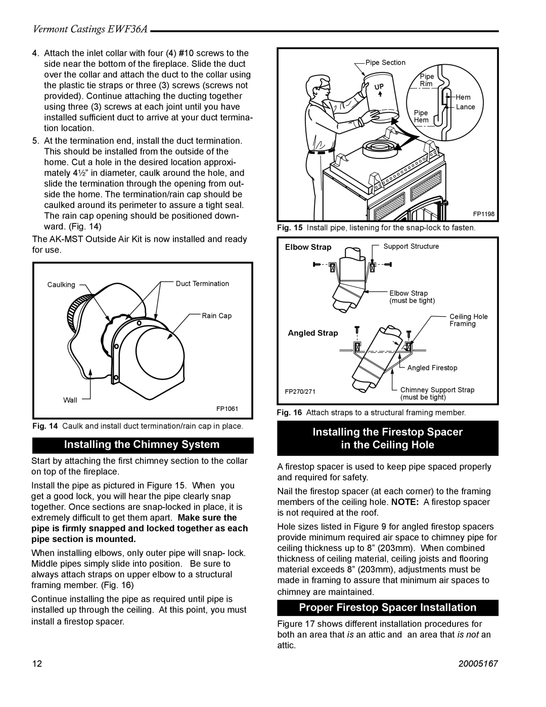 Vermont Casting EWF36A installation instructions Installing the Chimney System, Installing the Firestop Spacer Ceiling Hole 