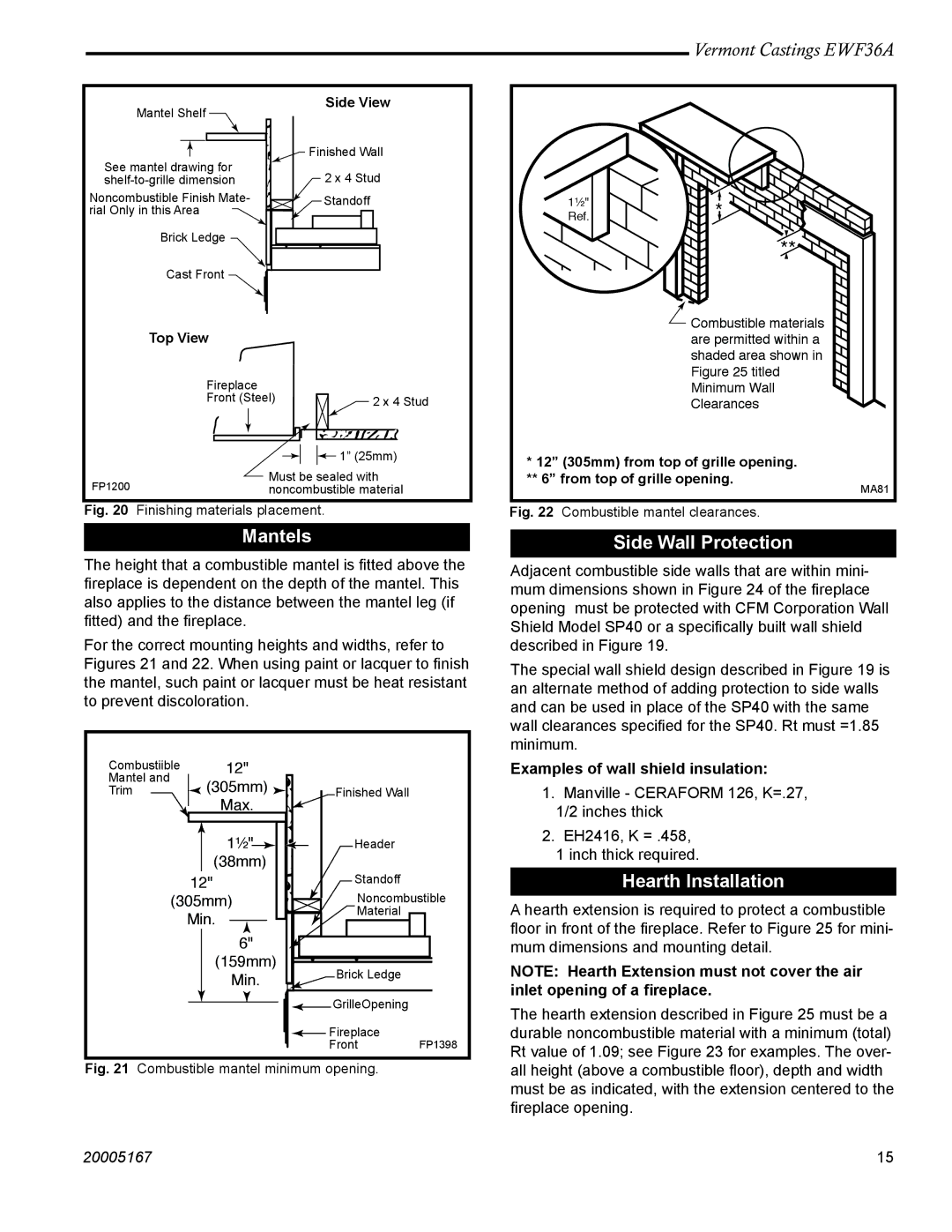 Vermont Casting EWF36A Mantels, Side Wall Protection, Hearth Installation, Examples of wall shield insulation 