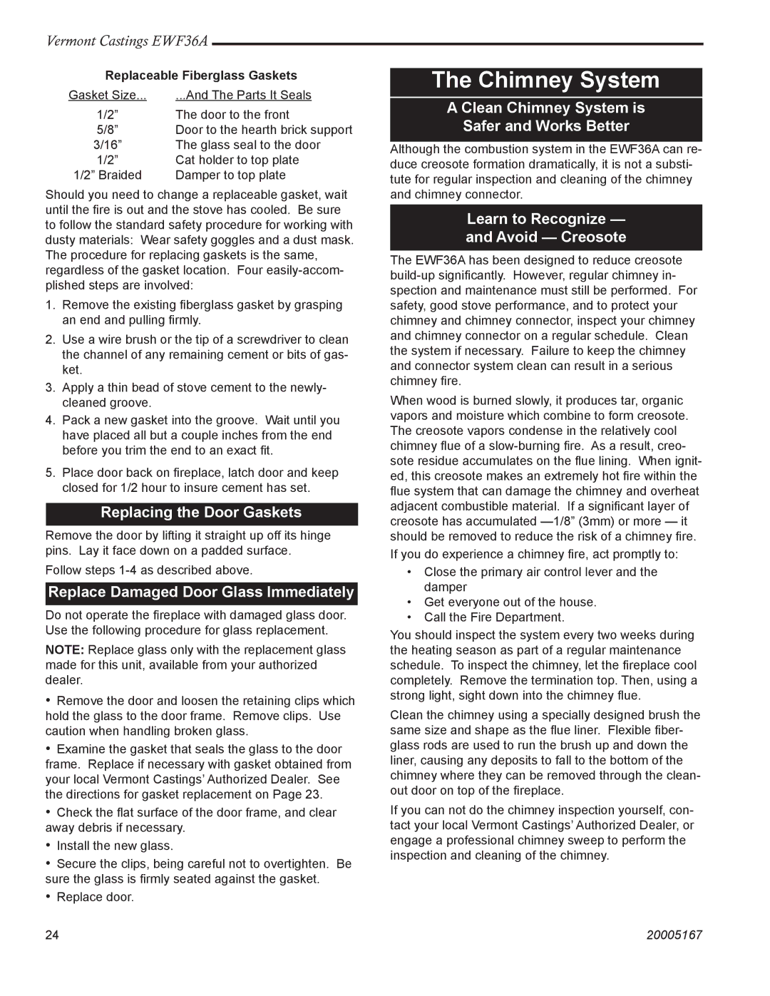 Vermont Casting EWF36A Chimney System, Replacing the Door Gaskets, Replace Damaged Door Glass Immediately 