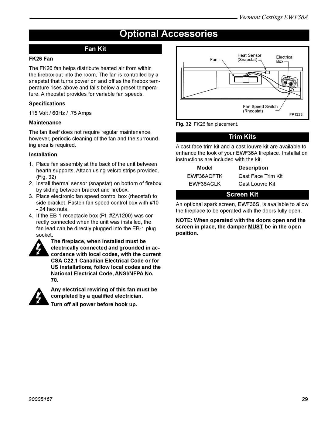 Vermont Casting EWF36A installation instructions Optional Accessories, Fan Kit, Trim Kits, Screen Kit 