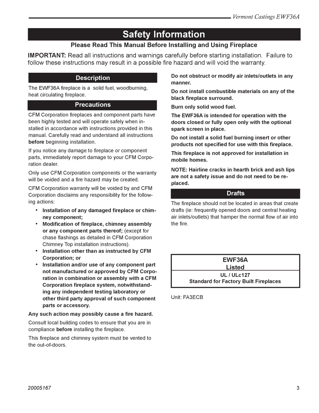 Vermont Casting EWF36A installation instructions Safety Information, Description, Precautions, Drafts 