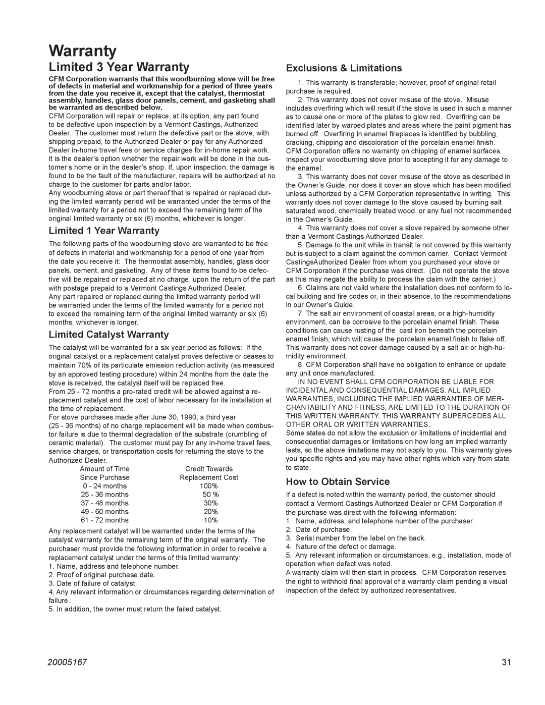 Vermont Casting EWF36A installation instructions Warranty 