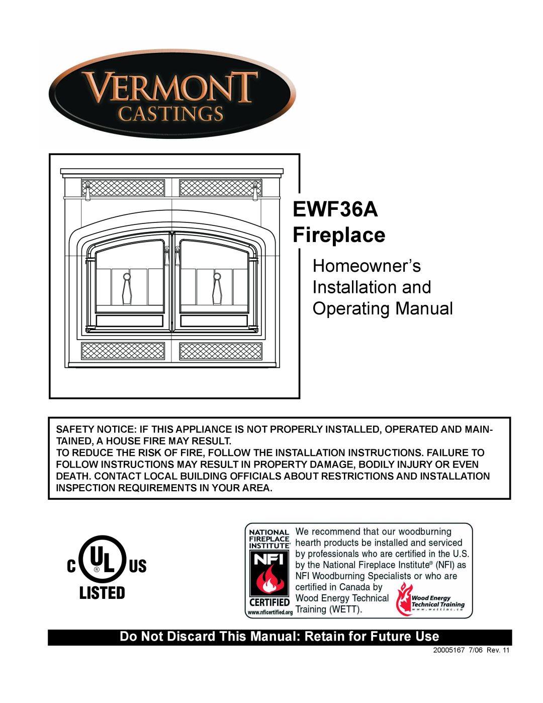 Vermont Casting EWF36A installation instructions Fireplace, Homeowner’s, Installation and, Operating Manual 