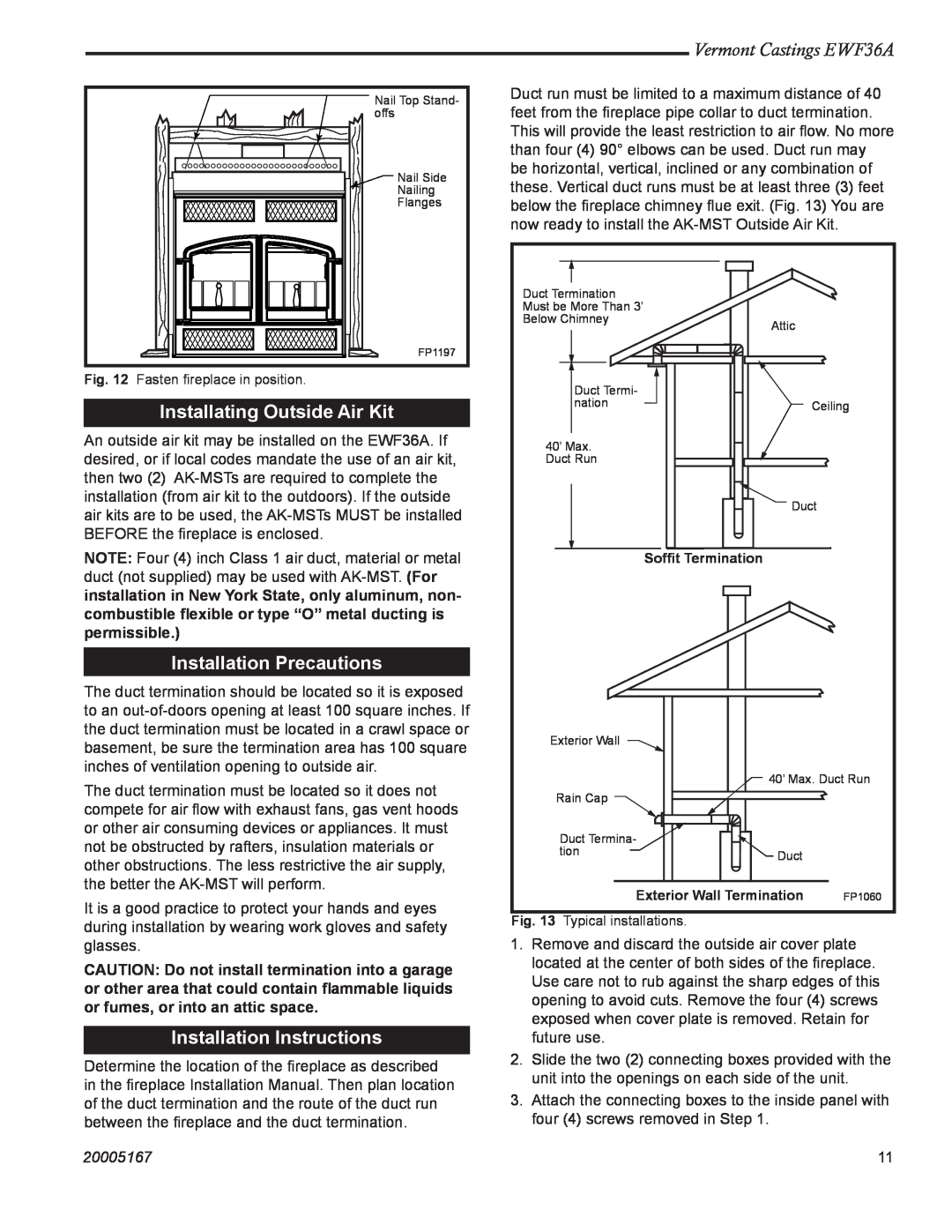 Vermont Casting EWF36A Installating Outside Air Kit, Installation Precautions, Installation Instructions, 20005167 