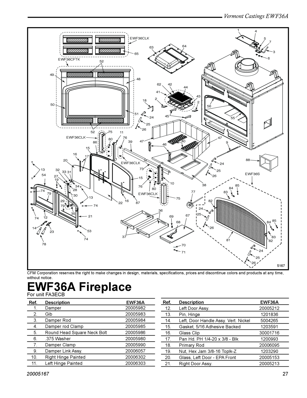 Vermont Casting installation instructions EWF36A Fireplace, Vermont Castings EWF36A, 20005167, Description 
