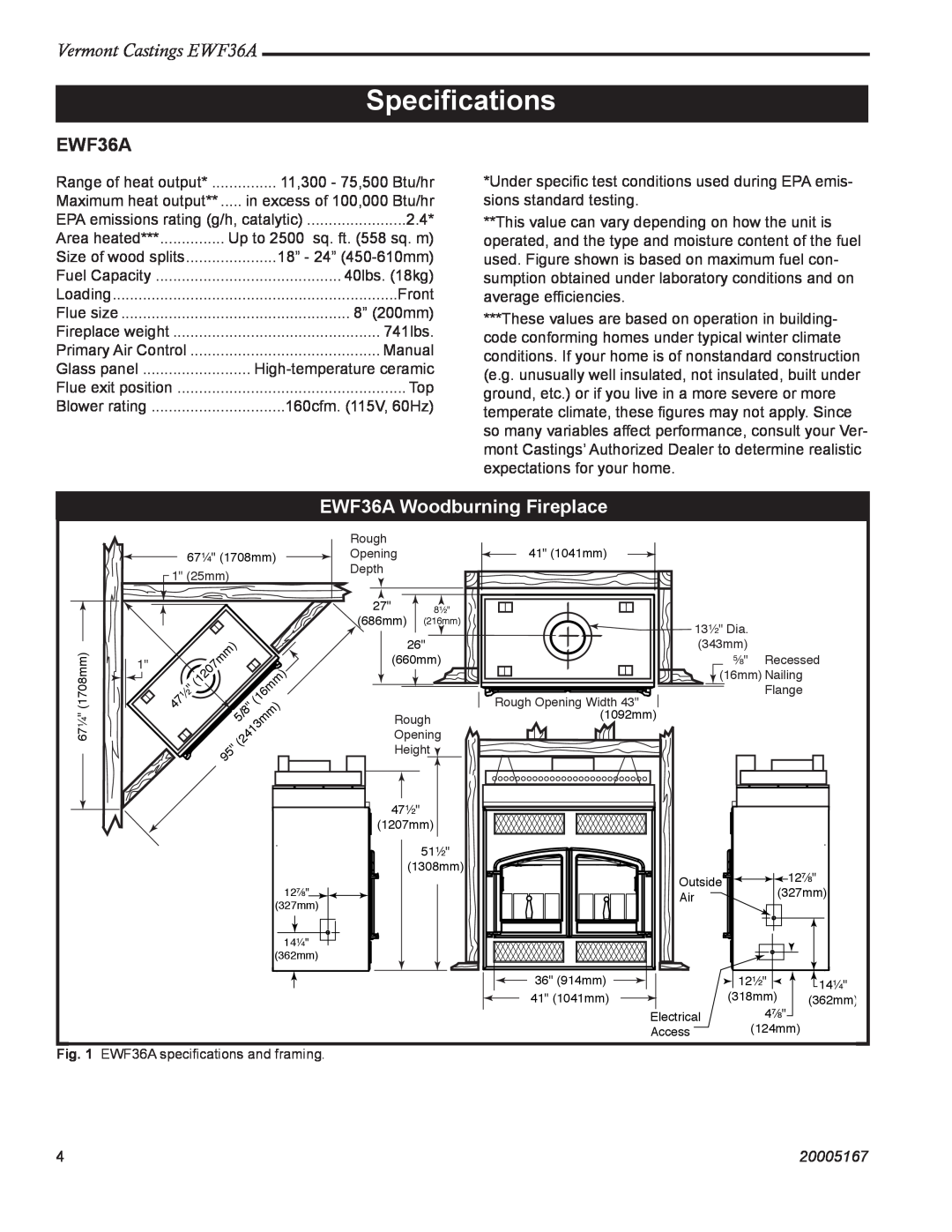Vermont Casting installation instructions Speciﬁcations, EWF36A Woodburning Fireplace, Vermont Castings EWF36A, 20005167 