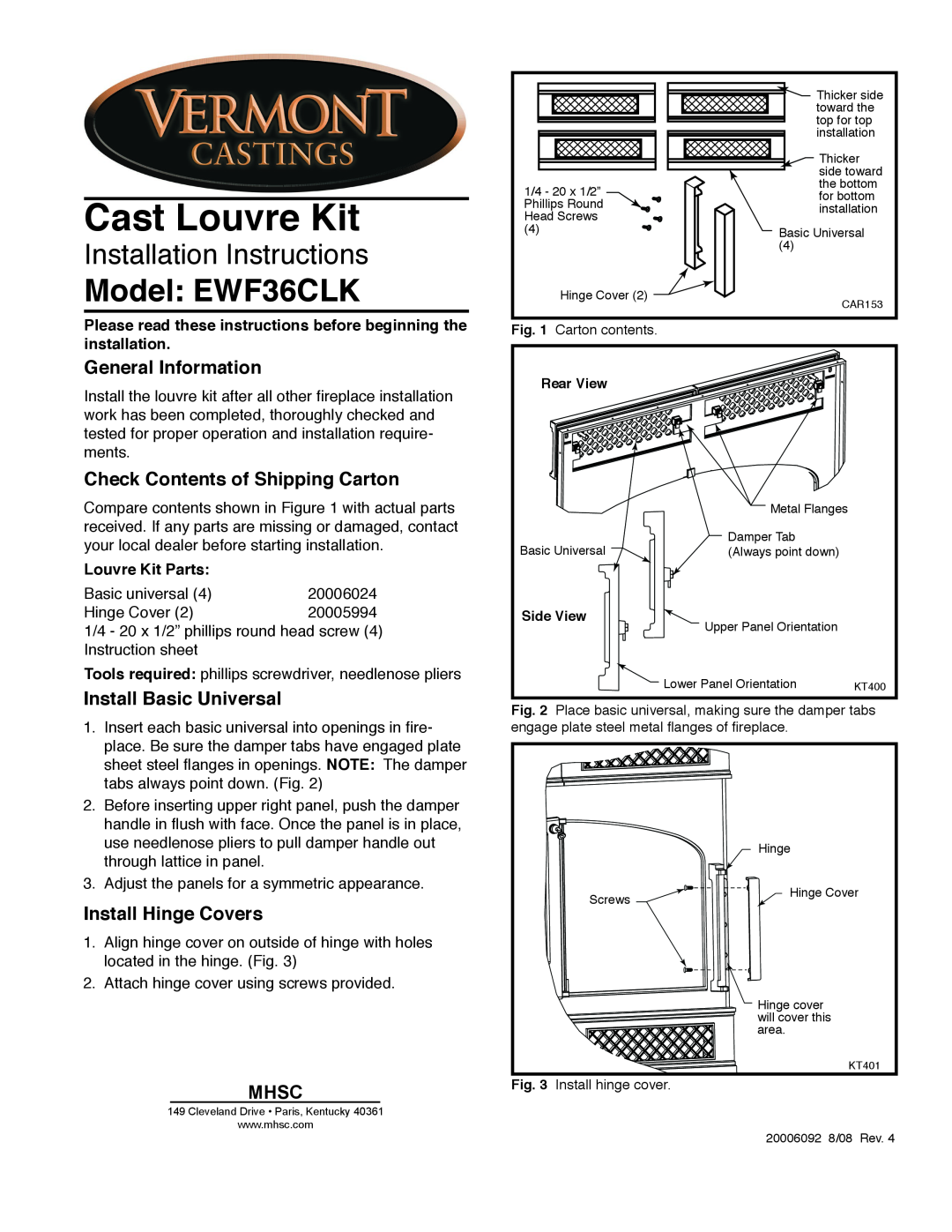 Vermont Casting installation instructions Cast Louvre Kit, Model EWF36CLK, Installation Instructions, Mhsc 
